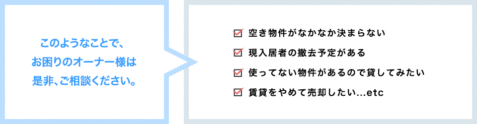 ・空き物件がなかなか決まらない ・現入居者の撤去予定がある ・使ってない物件があるので貸してみたい ・賃貸をやめて売却したい...etcこのようなことで、お困りのオーナー様は是非、ご相談ください！